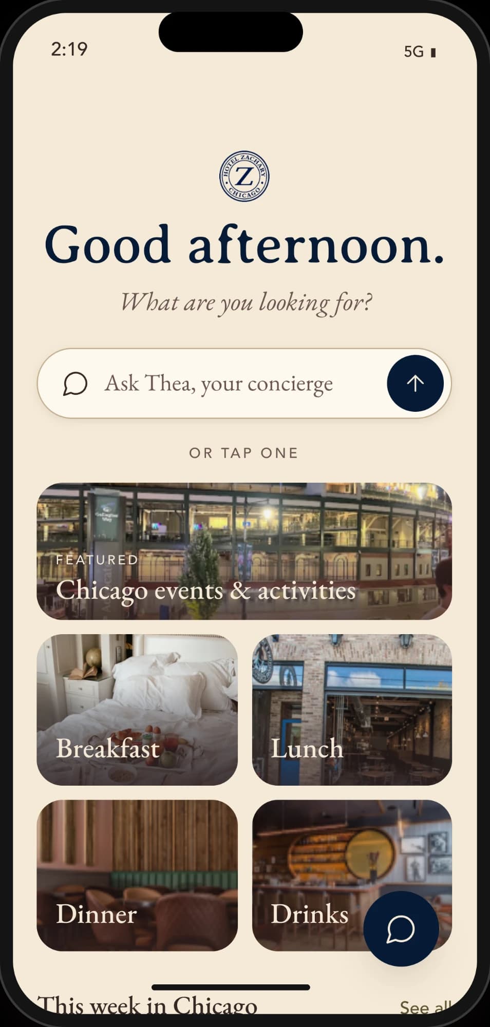 Hotel concierge home screen