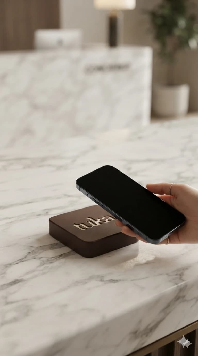 A guest taps a phone on the Tuka device at a marble front desk